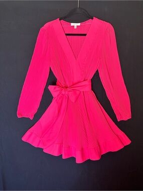 Milly Liv Pleated Long Sleeve Mini Dress in Bright Pink Size 8